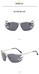 Close-up of futuristic silver flame sunglasses showing front and 45 degree side angles