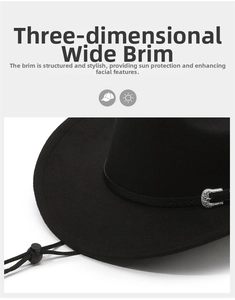 Detail of wide brim black wool fedora featuring leather band and silver buckle