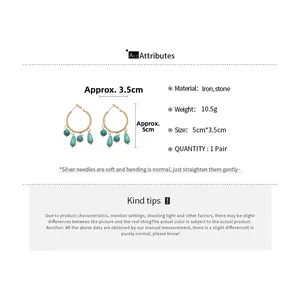 Detail of drop tassel earrings with turquoise stones and silver needles, 5cm by 3.5cm