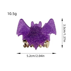 Purple glittery bat acrylic hair claw clip for Halloween with product size specifications