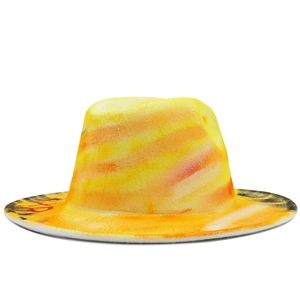 Chapeau fedora peint à la main avec dégradé aquarelle jaune et orange et larges bords