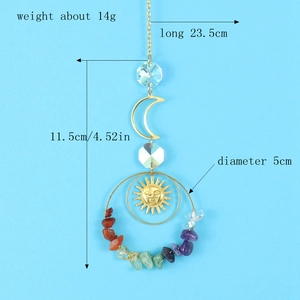 Golden sun and moon crystal suncatcher with colorful stones and 23.5cm length dimensions