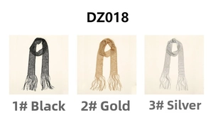 Detailed comparison of thin metallic fringe scarves in black, gold, and silver finishes
