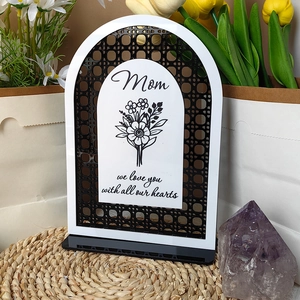 Detail of Mother's Day acrylic plaque with Mom engraving and floral patterns