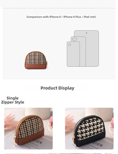 Size comparison of houndstooth canvas coin purse with leather base and zipper