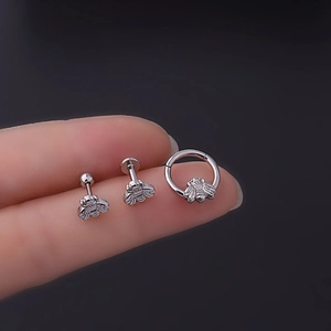 Polished stainless steel bee jewelry set featuring small stud earrings and a nose ring hoop