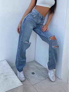 Women High Waist Ripped Jeans Cotton Denim Distressed Straight Wide Leg Streetwear Casual Washed Pants Light Blue