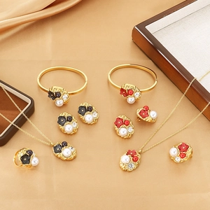 Geometric Flower Faux Artificial Pearl Rhinestone Necklace Earrings Bracelet Ring Jewelry 316L Stainless Steel Gold Plated Elegant Women