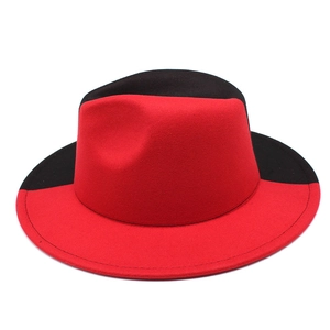 Two-tone red and black wool felt fedora hat with wide brim and classic jazz style