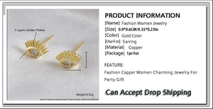 Detail of 18k gold plated evil eye stud earrings with zircon inlay and product dimensions