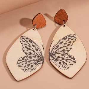 Retro wooden drop earrings with butterfly wing prints and stainless steel pins