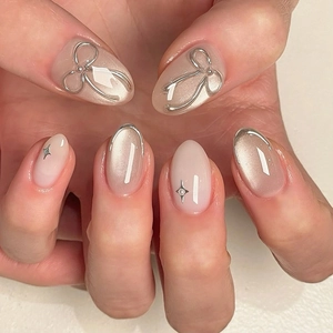 3D Cat Eye Press On Nails With Silver Bow Pearl Starry Design Sweet Elegant Nude Pink Fake Nails For Women Daily Party Nail Art