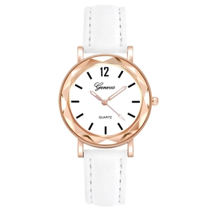 Detail of Geneva quartz watch with diamond-cut rose gold case and white leather strap