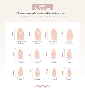 Size reference chart for almond-shaped press-on nails in various dimensions and widths