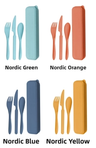 Detail view of portable wheat straw cutlery sets in four colors with storage cases