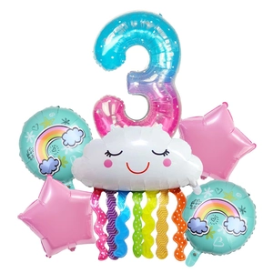 Rainbow Cloud Number Aluminum Foil Balloon With Tassels Smiley Face Birthday Party Decoration For Kids Baby Shower