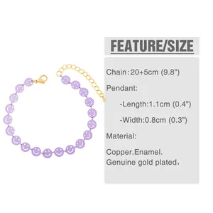 Detailed size chart for bohemian enamel smiley face bracelet showing length and material