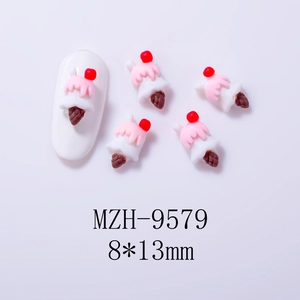 Macro detail of a 3D resin ice cream cone nail art charm with pink cream and cherry