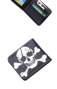 Macro view of bi-fold wallet featuring skull print, card slots, and zippered coin pocket
