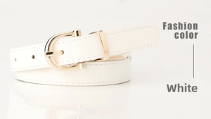 Close-up of a white PU leather belt for women featuring a polished gold horseshoe buckle