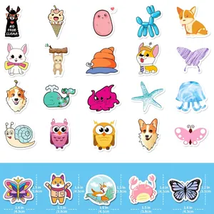 Size guide for 4cm cute animal stickers for laptops, showing diverse cartoon designs