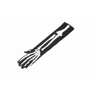 Detailed view of long black polyester gloves with white skeleton bone prints for Halloween