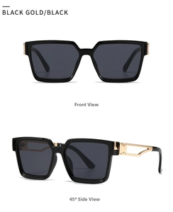 Detail view of square black sunglasses with gold metal hollowed-out temples and dark lenses