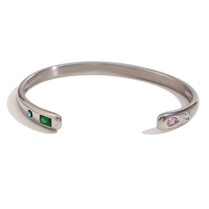 18K gold plated open cuff bracelet featuring colorful geometric zircon stones in silver finish
