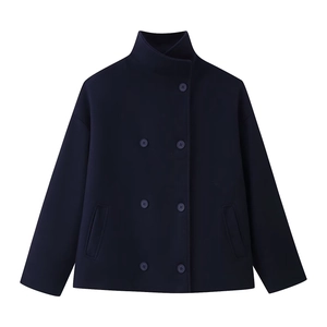 Detail view of double-breasted navy wool coat featuring flap pockets and stand collar