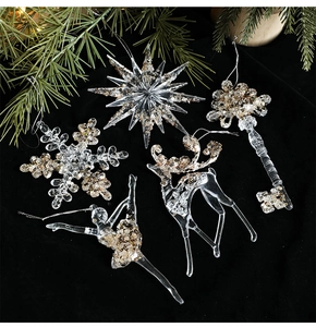 Detailed set of clear acrylic Christmas ornaments with sequins on black velvet background