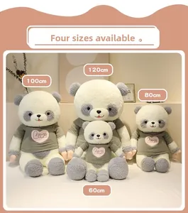 Four sizes of panda plush toys in green sweaters from 60cm to 120cm shown in a row