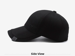Detail of black baseball cap with high density twill cotton fabric and Sport Fashion label