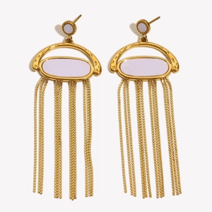 Boucles d'oreilles en acier inoxydable plaqué or 18K avec nacre violette et pompon long