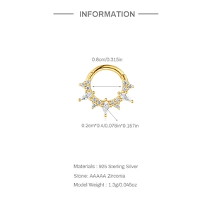 Detailed specs of gold S925 sterling silver septum ring with AAAAA cubic zirconia