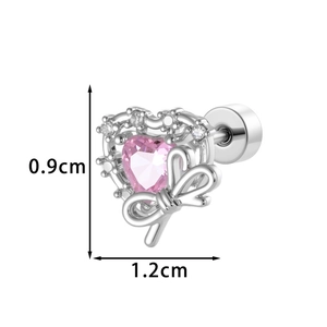 Pink heart zircon stud earring with silver bow detail and flat back, 0.9cm height