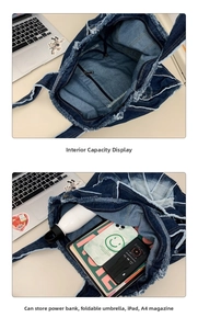 Internal view of the denim tote bag showing its large capacity and zipper pocket