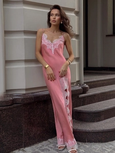 Robe Longue Satinée À Bretelles Dentelle Cils Col En V Fente Latérale Nuisette Sexy Femmes Polyester Spandex