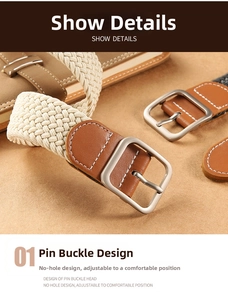 Macro shot of neutral woven belt featuring silver pin buckle and leather tip detail