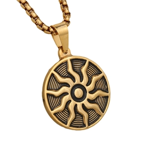 Retro punk gold stainless steel sun god flame pendant with black enamel on box chain