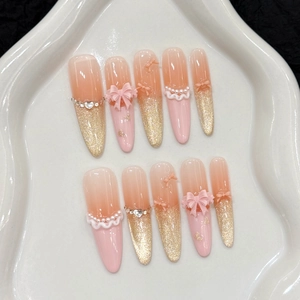 Handmade Long Stiletto Press On Nails Pink Gold Glitter Gradient Bows Rhinestones Faux Artificial Pearls Cat Eye Sweet Style