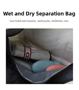 Detail of waterproof dry-wet separation pocket showing water droplets on inner lining