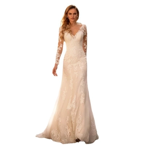 Elegant long sleeve deep V-neck bridal gown with floral lace and small train