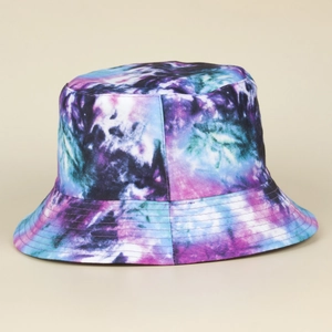 Close-up of colorful tie-dye galaxy bucket hat with reinforced stitching and cotton texture