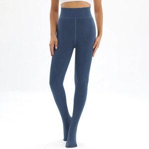 Detail of high waisted Morandi blue thermal leggings with ribbed support waistband