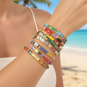 Bohemian colorful Tila bead stretch bracelet stack set with vibrant summer tile beads