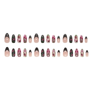 French dot ladybug press-on nails with 3D floral designs in long stiletto shape