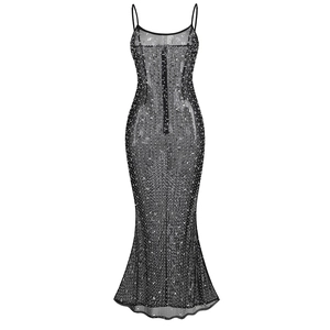Sparkling black mesh fishtail dress with silver rhinestones and delicate thin straps