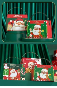 Detail of Santa Claus gift boxes with gold handles on green velvet display