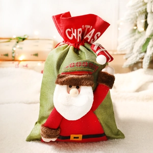 Christmas gift bag with 3D Santa Claus doll and green linen texture for festive holiday treats