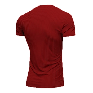 Detail of burgundy ribbed knit fabric on men's slim fit V-neck short sleeve sports t-shirt